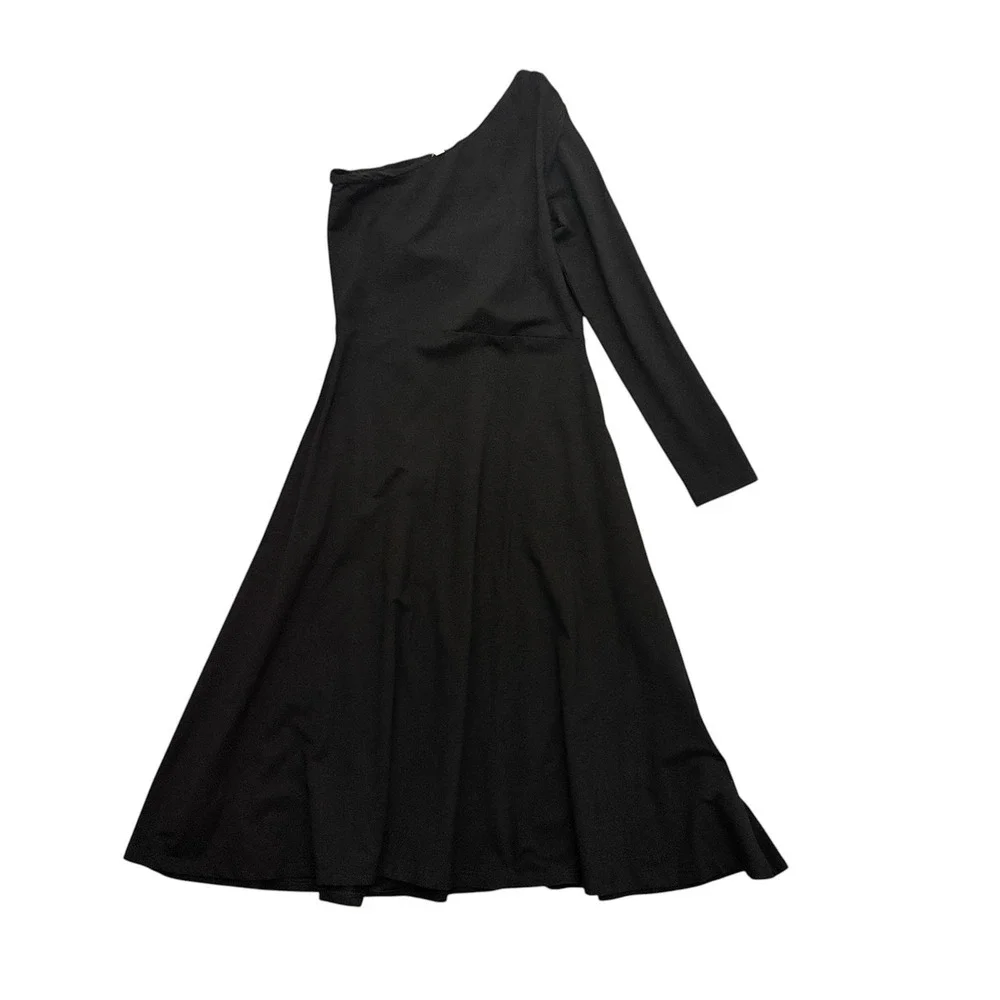 Pact Fit & Flare One Shoulder Midi Dress Large Minimalist Pocket Black Organic - Picture 3 of 7